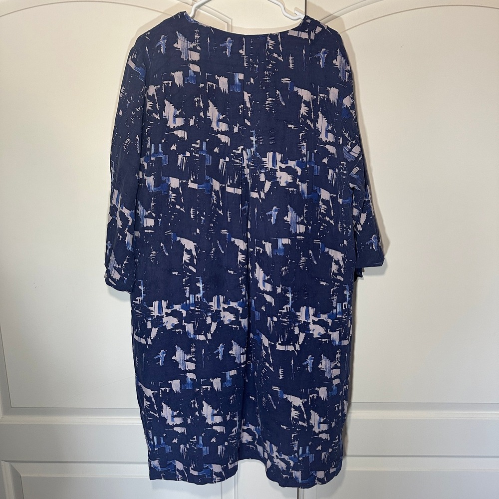 Poetry Shift Dress Womens 14 Blue Silk Linen Abstract Print V-Neck Pockets - Picture 5 of 5